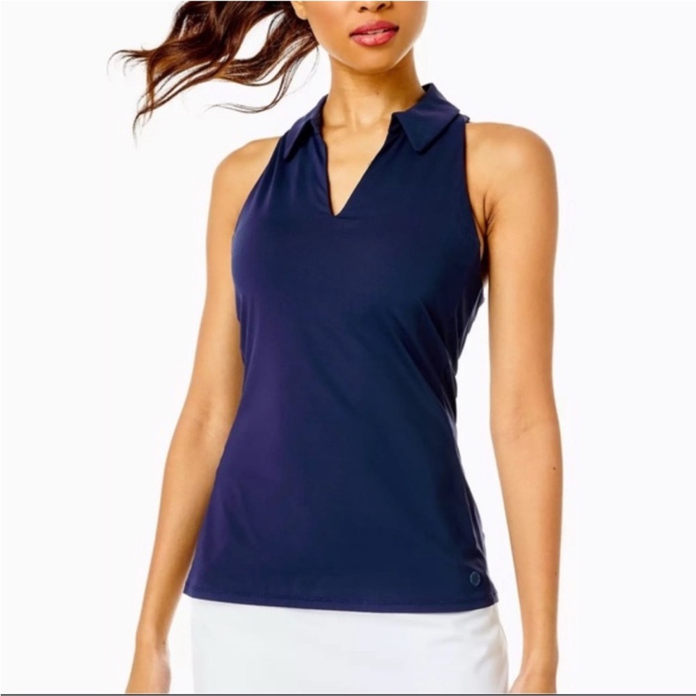 Lilly Pulitzer Luxletic Lakelyn Sleeveless Polo Top in True Navy Size L